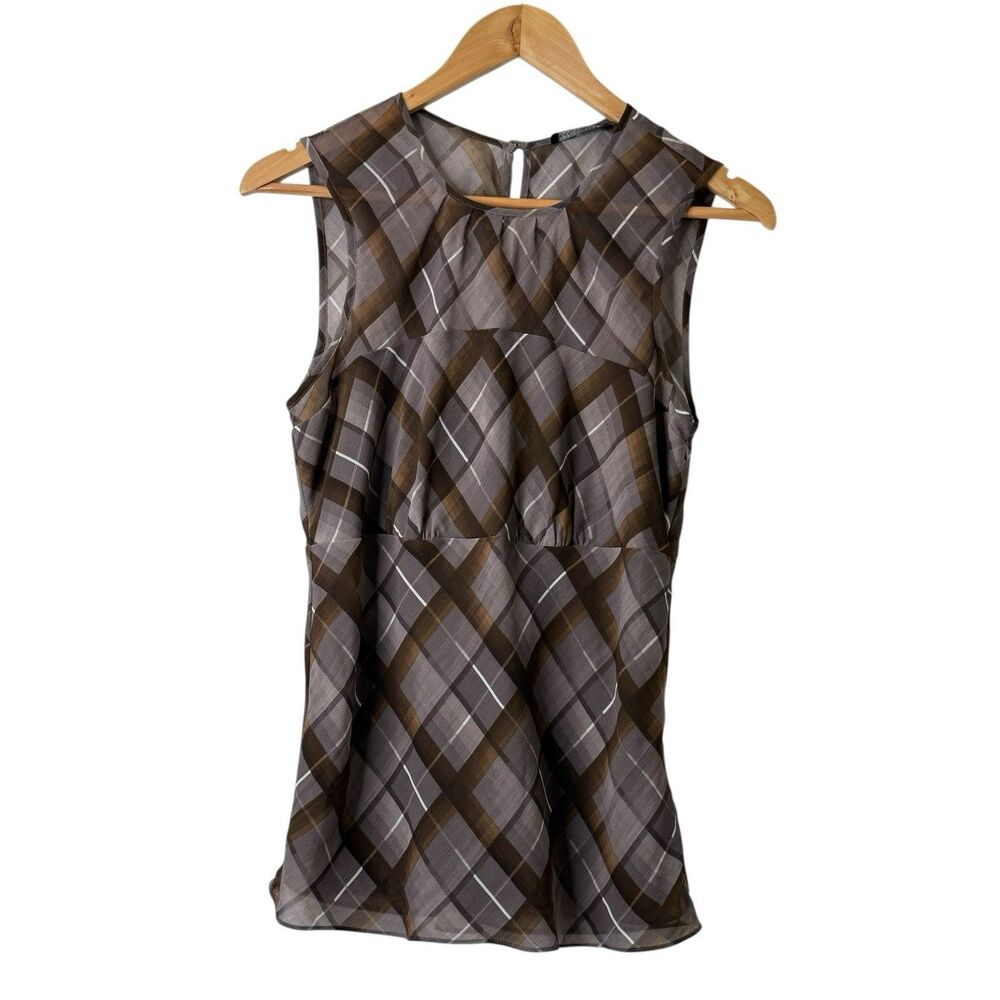 The Limited Y2K Brown Plaid Sheer Chiffon Top Women Size S Dark Academia Preppy
